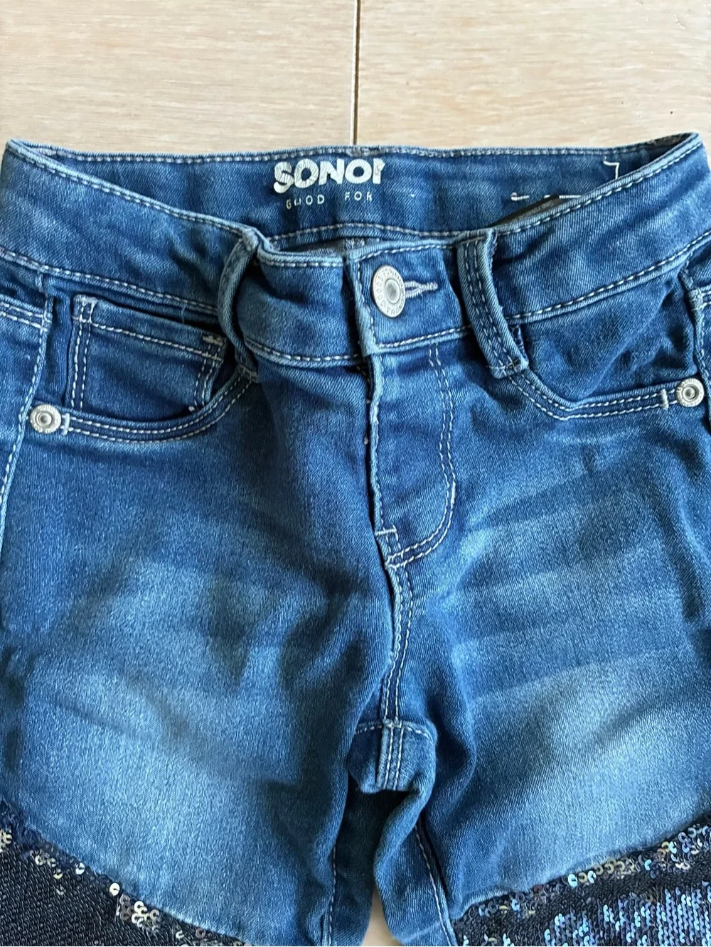 Sonoma Dark Blue Jeans with Navy Sequin Knee Patches EUC Size 5